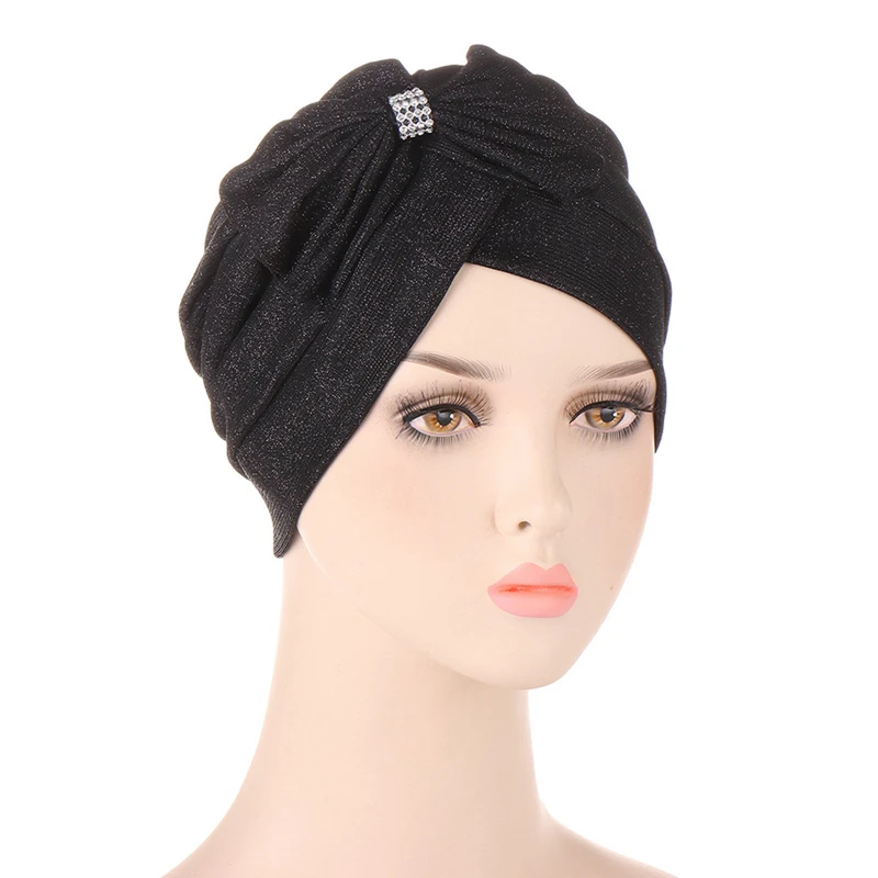 Simple Bright Bowknot Turban Forehead Glitter Cross Female Head Wraps Muslim Headscarf Bonnet Islamic Headwear