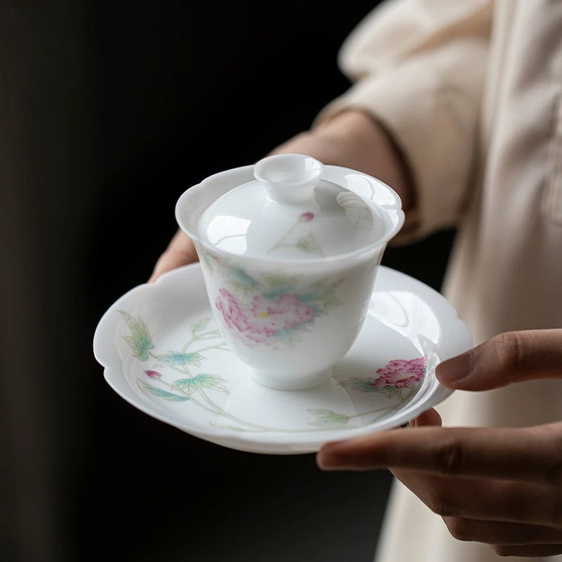 Suet jade porcelain lace pot bearing, peony blossom ceramic bowl bottom support fruit plate