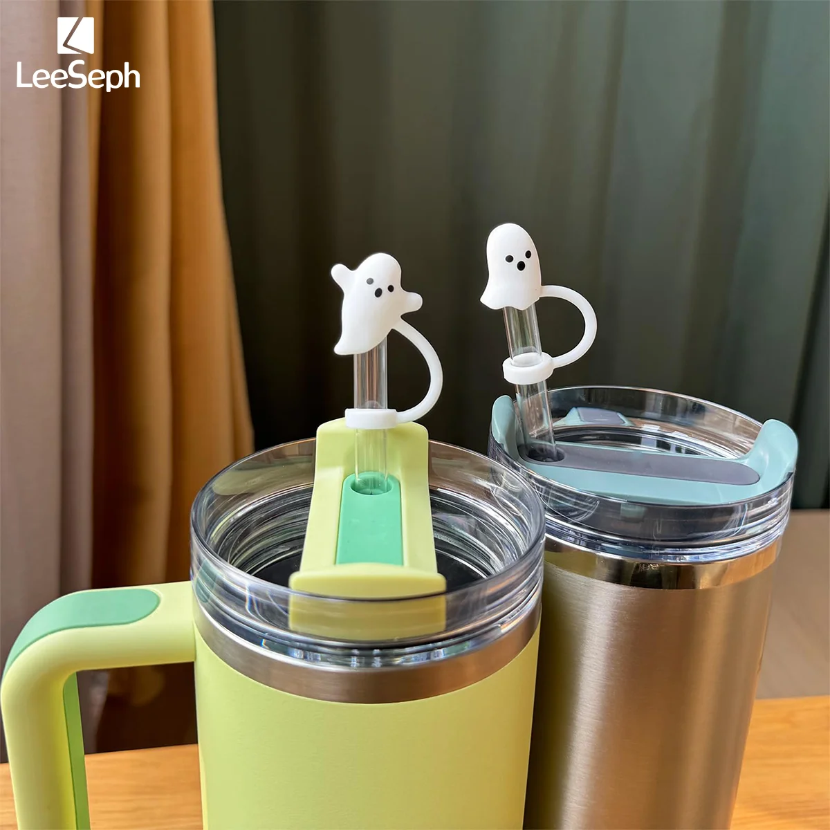 Leeseph Halloween Ghost Straw Covers Cap, Silicone Reusable DustProof Drinking Straw Topper, Cup Accessories for Stanley Cup