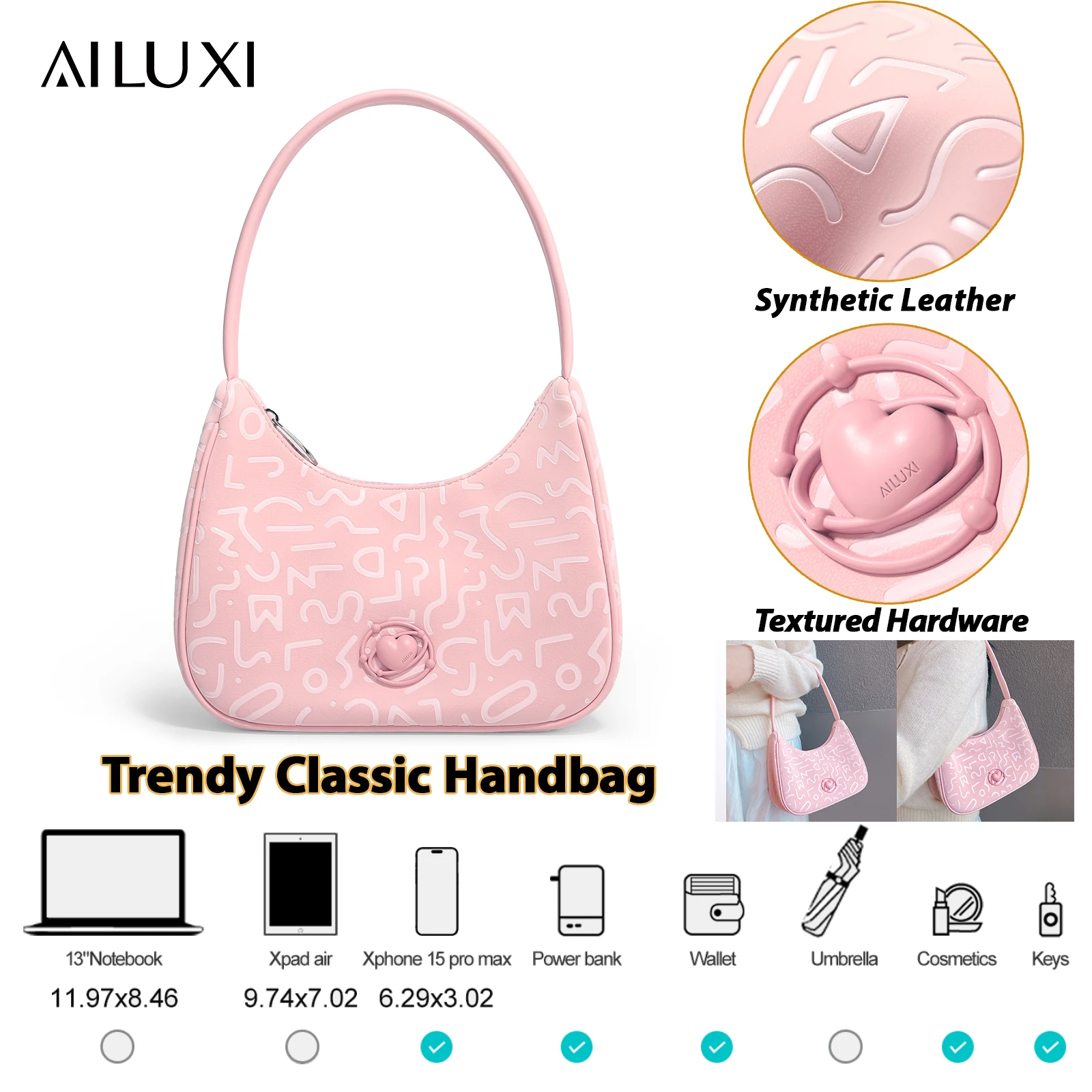 AILUXI Moon Bag for Women Summer 2024 New Pink Underarm Shoulder Bag PU Leather Original French Handheld Crescent Bag Fashion