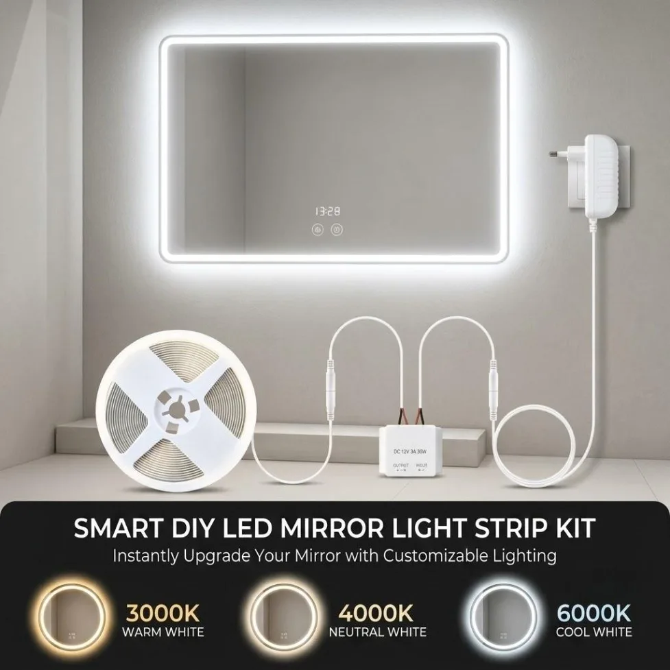 Mirror Touch Control 320LEDs DC12V COB LED Strip Kit with EU/US Plug for Bathroom Makeup Mirror Dressing Table Background Light