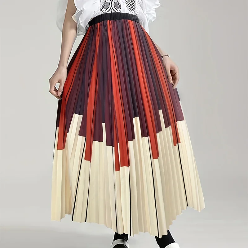 

Новая версия 2026 года: Модная юбка А-силуэта средней длины с высокой талией, плиссированная, в полоску, с контрастным цветным принтом