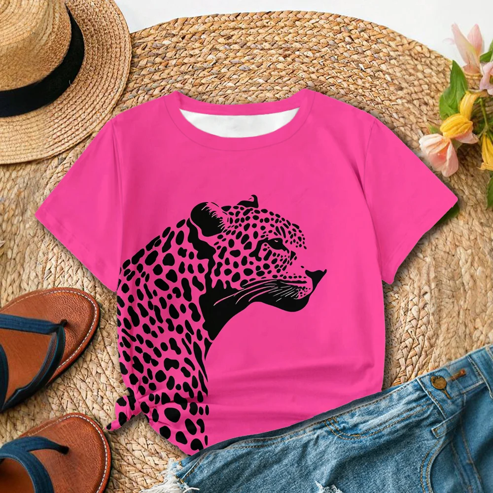 Women's Bright Pink T-Shirt with Black Leopard Print Casual Summer Style Short Sleeve Top For Daily Wear