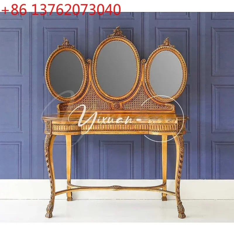 French retro solid wood dresser European engraved American country rattan with mirror