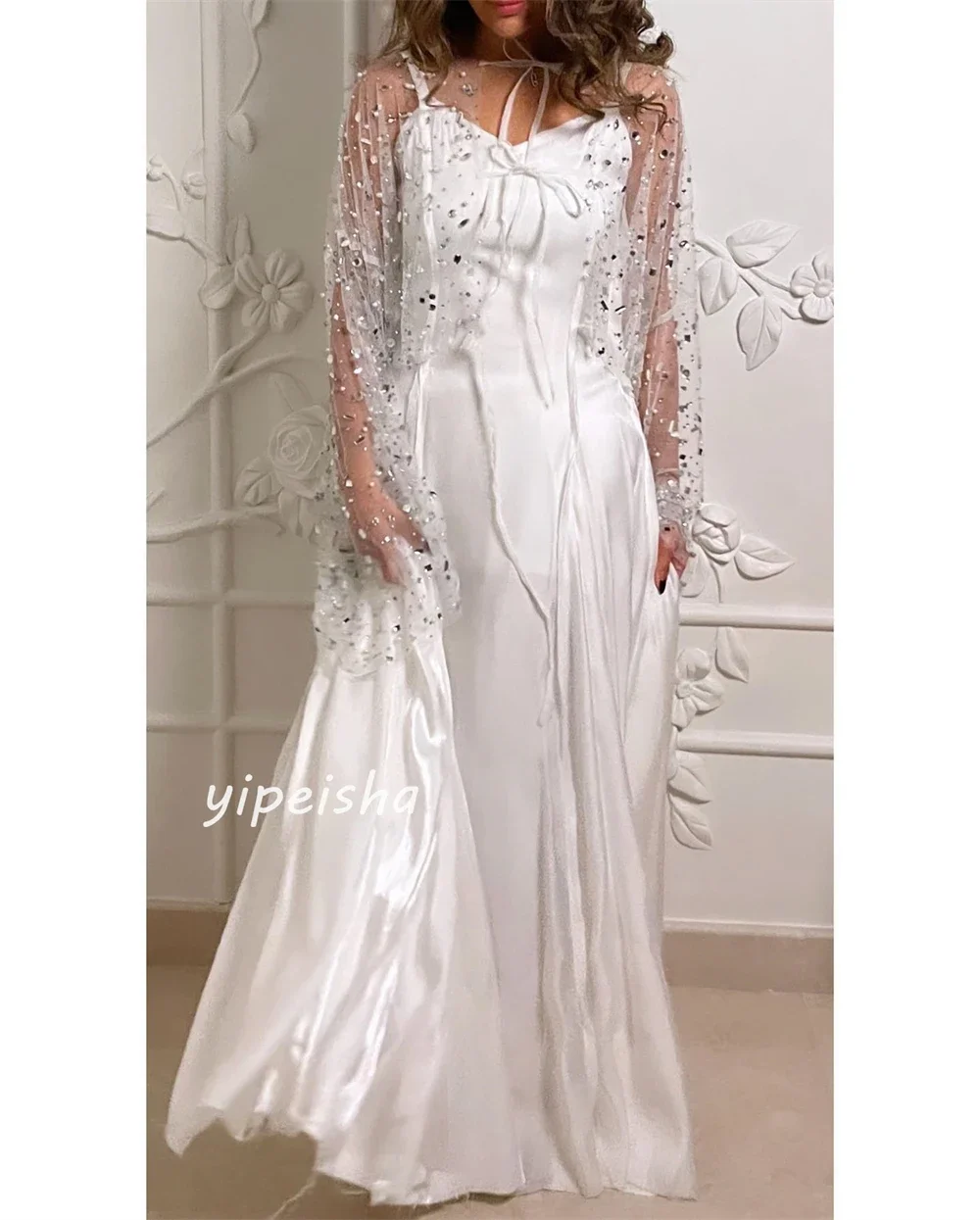 تخصيص جيرسي مطرزة Ruched عيد الحب ألف خط الخامس الرقبة مخصص فساتين المناسبات الطويلة