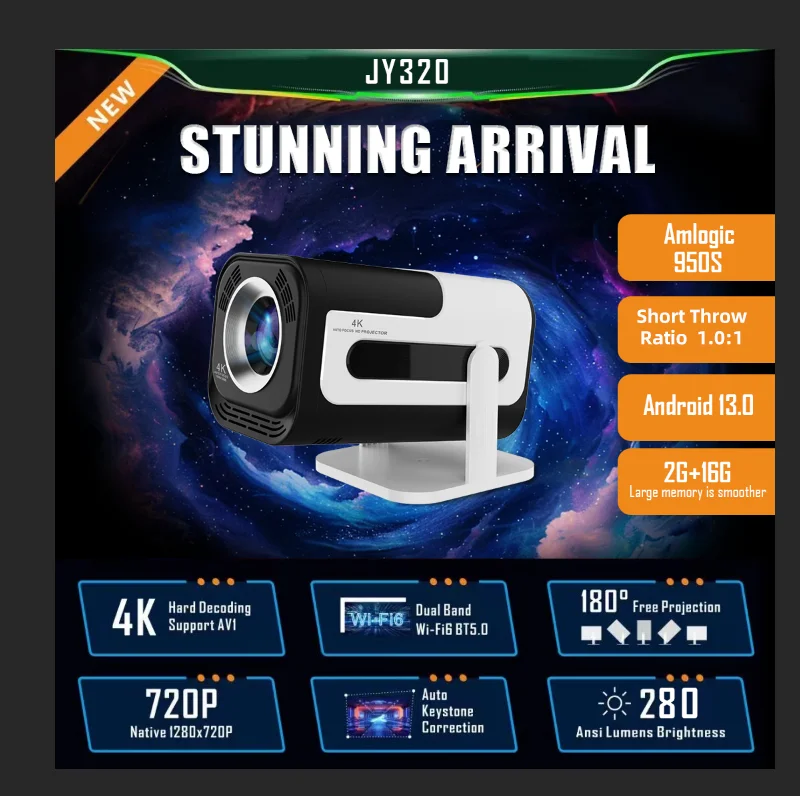 Yinzam JY320 Protable Projector 280ANSI 1280*720P Android13 Wifi6 Smart BT5.0 Home Cinema Outdoor Projetor Auto Keystone Max 4K