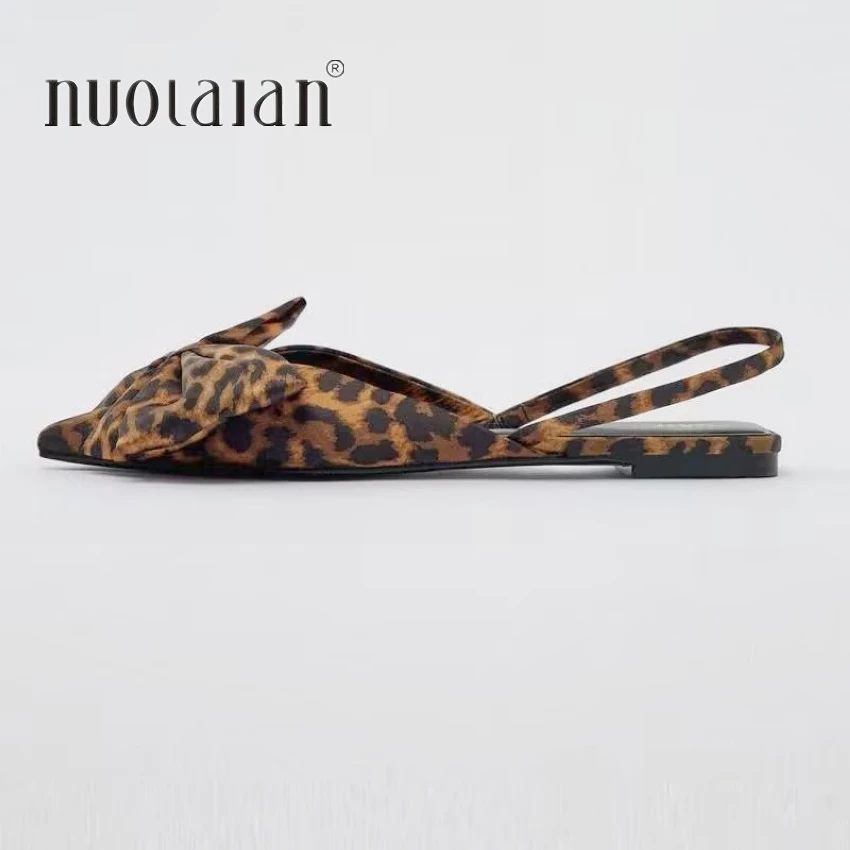 2024 Summer Womans Leopard Print Flat Shoe Casual Pointed Toe Sweet Bow Slingbacks Flats Woman Comfortable Slip On Single Shoes