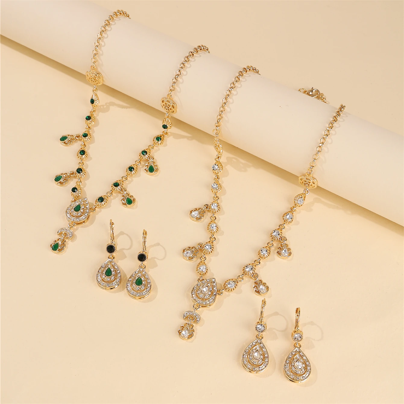 Middle Eastern Style Rhinestone Necklace Drop Earrings 2-Piece Bridal Jewelry Set