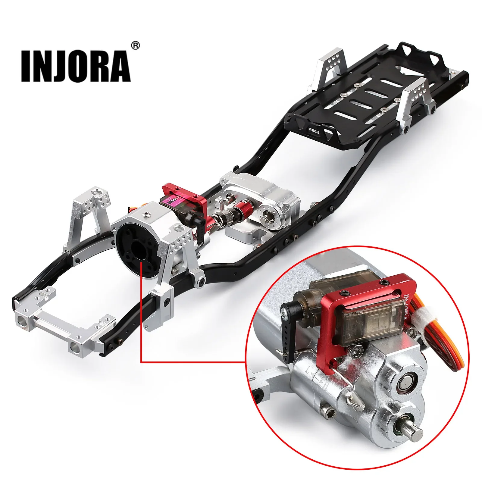 

INJORA 313mm 12.3" Wheelbase Metal Chassis Frame with Prefixal Shiftable Gearbox for 1/10 RC Crawler Car Axial SCX10 90046