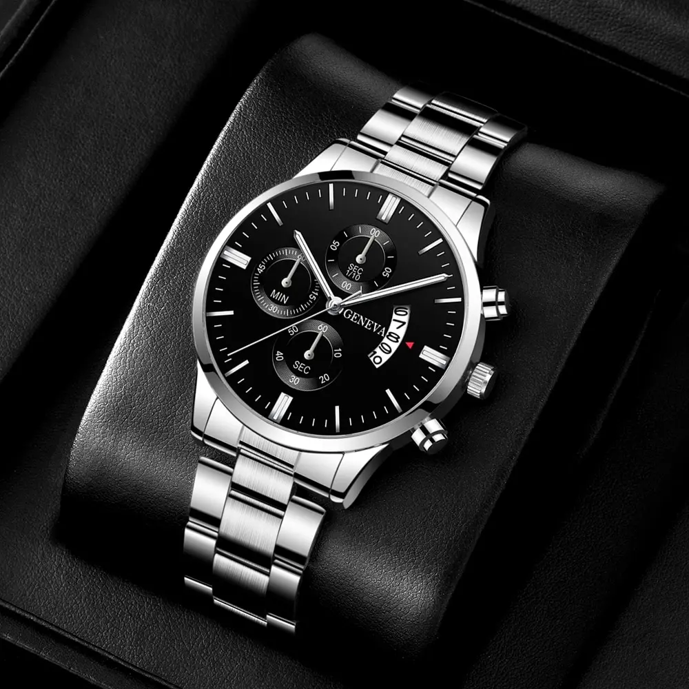 นาฬิกาแฟชั่นสำหรับผู้ชายสีเงินหรูหราสแตนเลสนาฬิกาควอตซ์ข้อมือนาฬิกาชายธุรกิจสำหรับผู้ชายนาฬิกาปฏิทิน