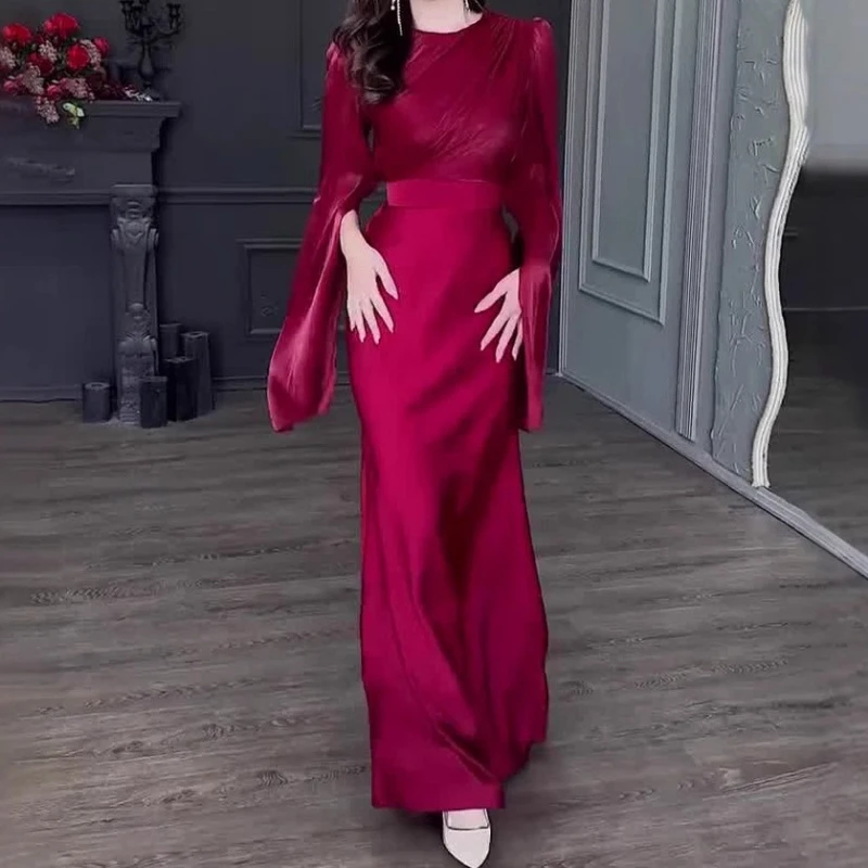 خمر عالية الخصر فستان ستان الخريف المرأة الجديدة مزاجه س الرقبة سليم صالح فساتين ماكسي أنيقة طويلة الأكمام فساتين السهرة #1