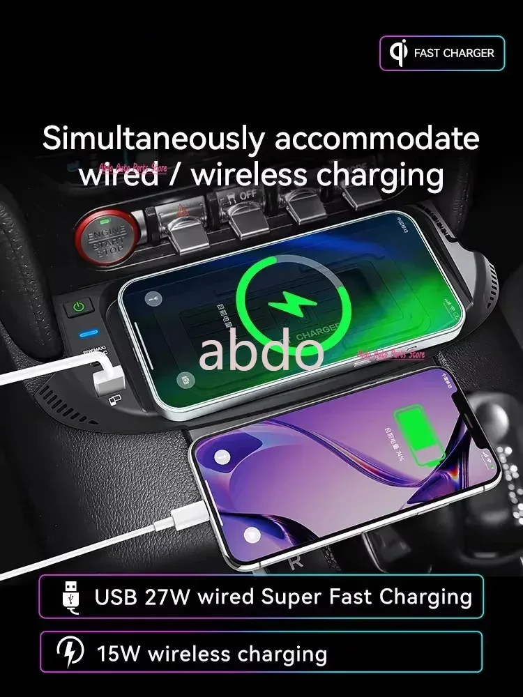 abdo 15W Car Wireless Charger For Ford Mustang 2015-2023 QI Phone Charger Panel 27W Wired Fast Charger Pad Modified Car Accessor