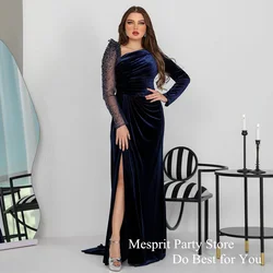 Sexy Prom Dress Woman Full Sleeve Beading Sequined High Slit Sweep Train Velour Evening Dresses Saudi Arab Party Gown فساتين سهر