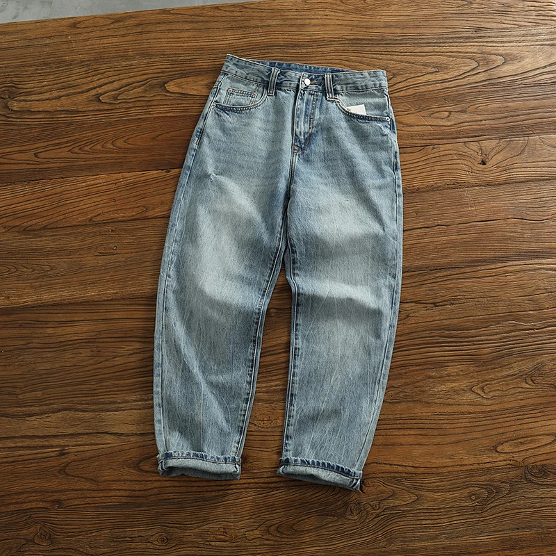 Simple Vintage Washed Men's Jeans Casual Straight Leg Long Trousers Fashionable Blue Color All-Match Comfortable mid Waist