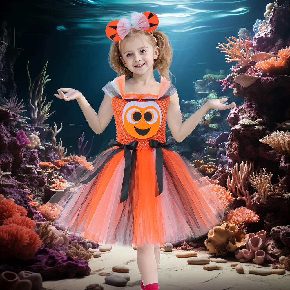 Clown Fish Girls Cosplay Costume Tutu Dress Baby Kids Tulle Tutu Dress for Birthday Sea Theme Children Party Dresses Girl Dress