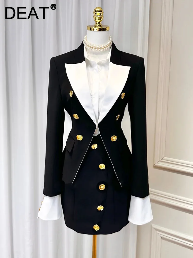 DEAT 2024 Autumn New Fashion Women's Contrast Color Lapel Metal Buckle Blazer With Hanging Neck Strap Dresses Female 15C569