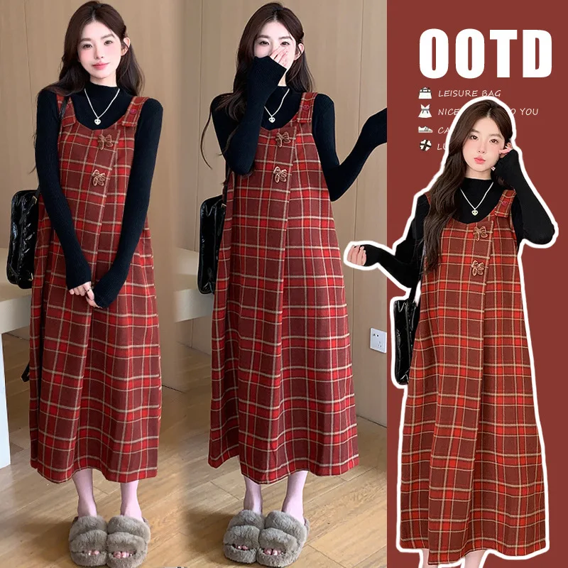 

2025 Festive Pregnancy Outfit Autumn Wool Pinafore Dress with Plaid Sweater Sweet Maternity Two Piece Set Slim Fit Red