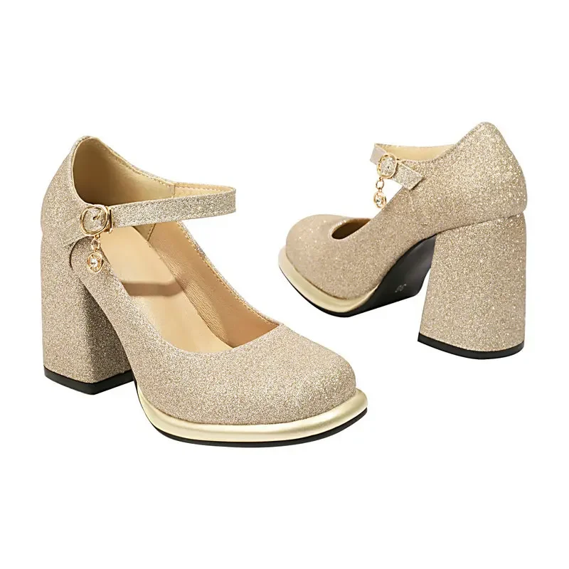 بريق بلينغ البريق الذهب والفضة مغلق تو مشبك حزام امرأة مضخات سيدة الربيع أحذية مكتنزة عالية الكعب ماري جينس أحذية الحفلات #6