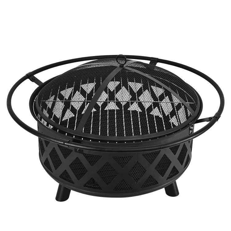 Charcoal wood burning fire pit bonfire fireplace outdoor courtyard garden backyard black metal round barbecue grill