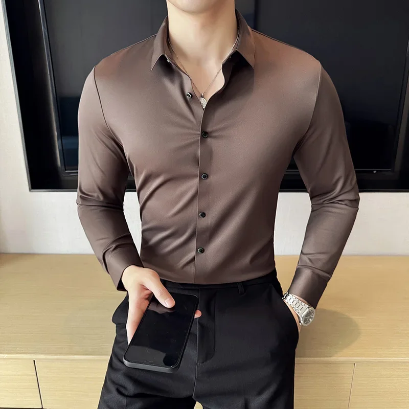 

5A Antibacterial Men's Social Shirts High Quality Korean Luxury Clothing Long Sleeve Dress Shirts Slim Fit Tuxedo Big Size JJ142
