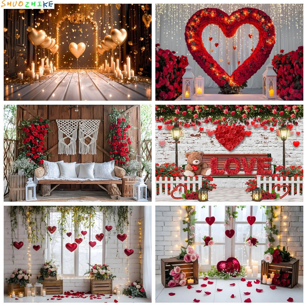 

Valentine's Day Backdrop For Photography Window Flower Red Love Heart Balloons February 14 Wedding Party Background Photo Studio