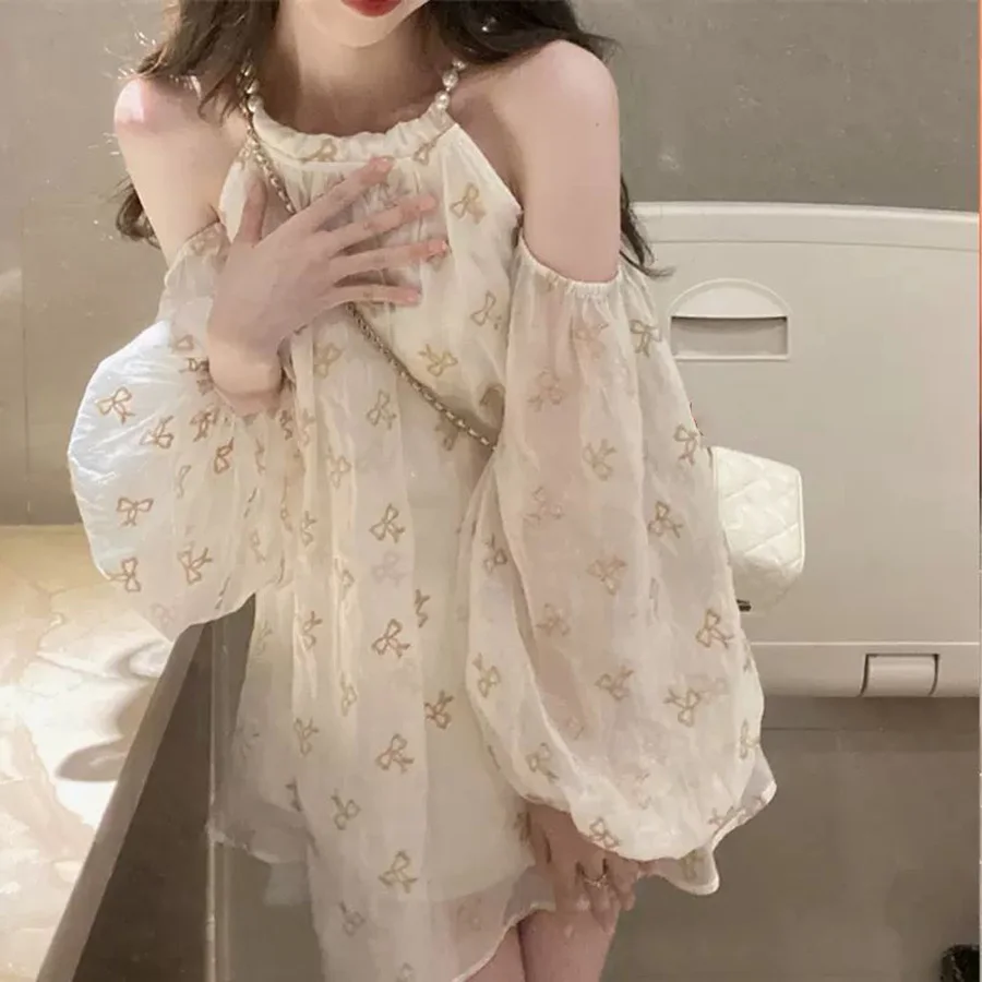 فساتين الصيف 2025 ملابس نسائية حلوة بأكمام طويلة بدون أكتاف فستان قصير أنيق بحمالة شفافة فساتين فضفاضة تصميم Fairycore