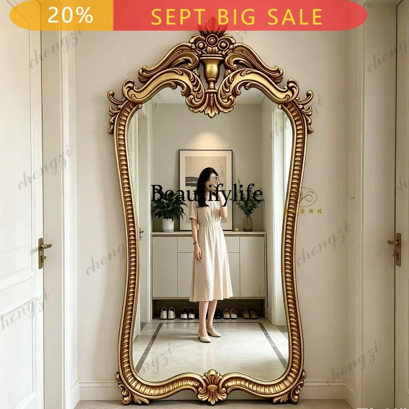 B32 French vintage irregular full-length mirror, luxurious floor-length mirror, American living room entryway dressing mirror