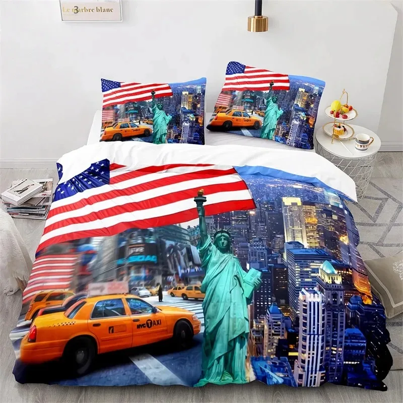 Statue of Liberty Duvet Cover King Size Microfiber World Famous Building Bedding Set New York Landmark Cityscape Comforter Cover