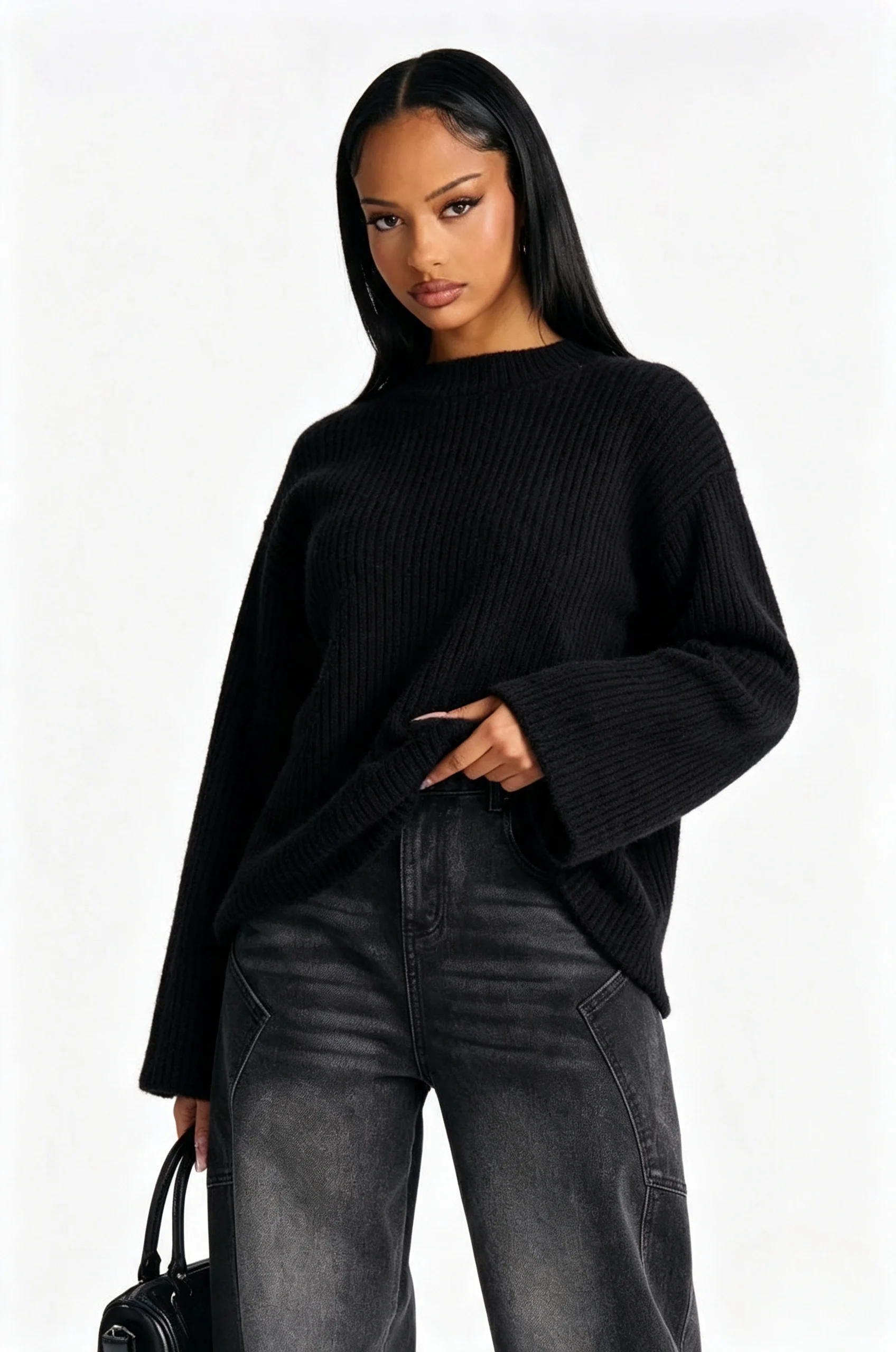 Women Ribbed Knit Crew Neck Pullover Top, European American Fashion, Loose Oversized, Drop Shoulder Long Sleeve, Back Zipper Des