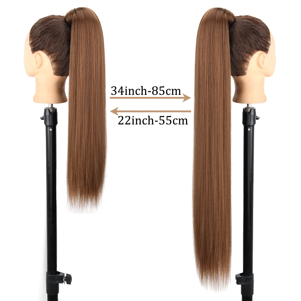 Synthetic 34 Inch Long Straight Ponytail Hair Extensions Natural Brown Wrap Around Clip In Pony Tail Hairpiece For Women