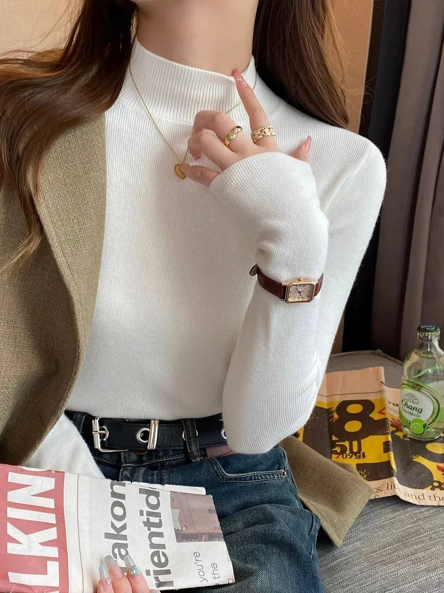 Suéter feminino de malha macia com gola alta, slim fit, manga comprida, camada base, estilo preguiçoso, outono inverno, camisa casual de gola alta