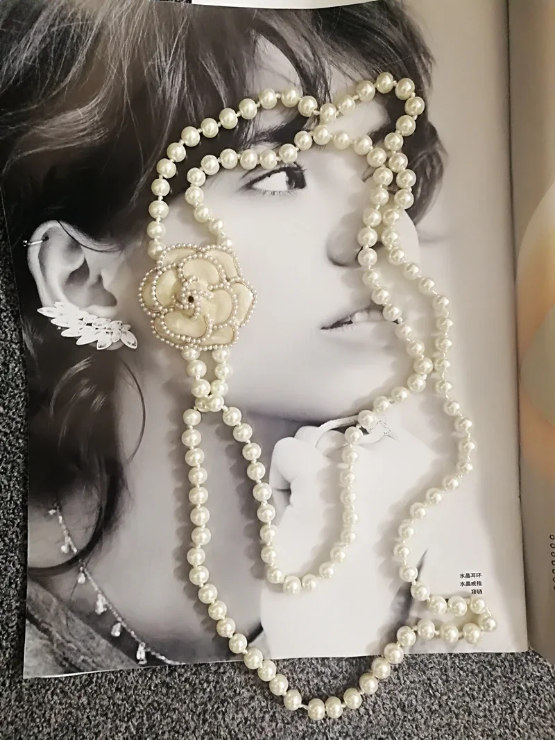 Koreaanse Trui Ketting Gelaagde Parel Ketting Hanger Voor Vrouwen Carmellia Bloem Sieraden