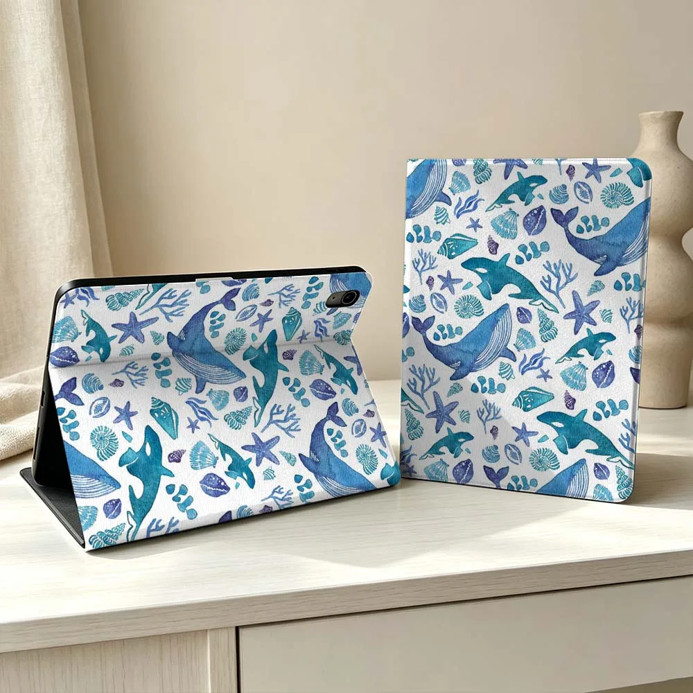 Dolphin Starfish Conch Pattern For iPad Pro Air mini 7 6 5 4 3 2 1 M5 M4 M3 11th 10th A17 Pro A16 A14 Soft Pen Tray Tablet Case