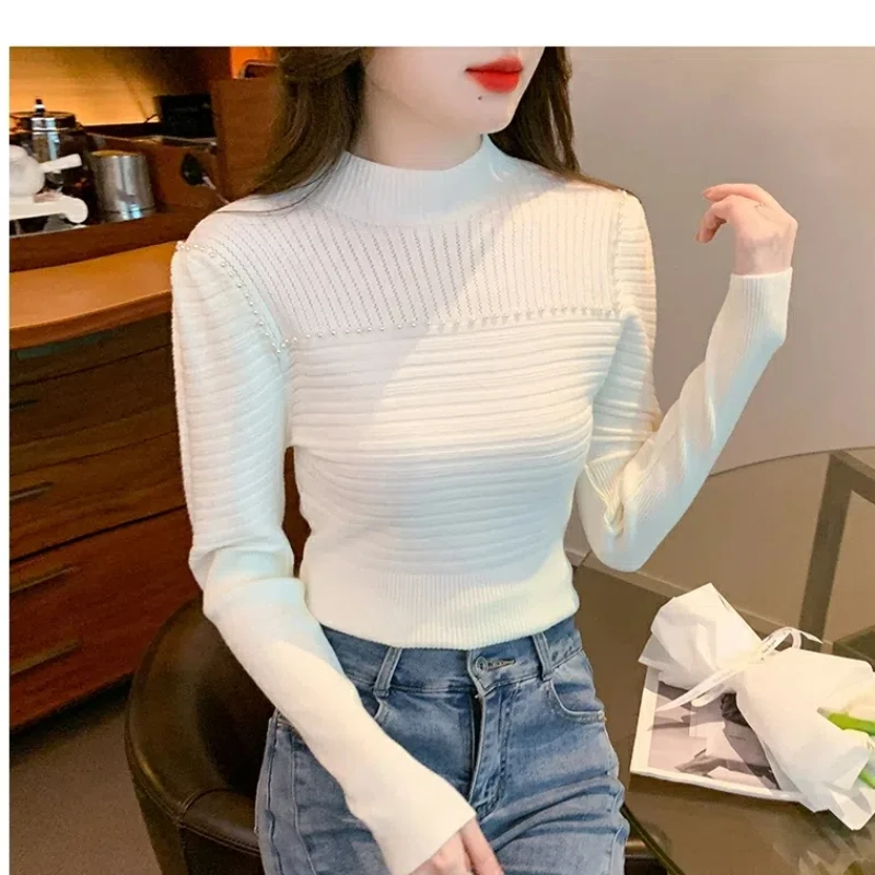 Korean Autumn/Winter New Sweaters Women\'s Mock Neck Solid Embroidered Flares Temperament Slim Long Sleeve Pullovers Knitted Tops