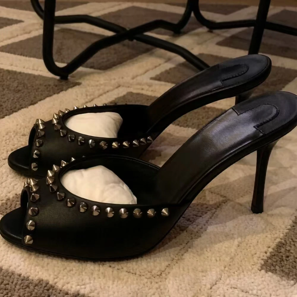 

Black Studded Leather Heeled Sandals Elegant Open Toe Slip-On Lady High Heels with Silver Studs Slingback Design for Daily