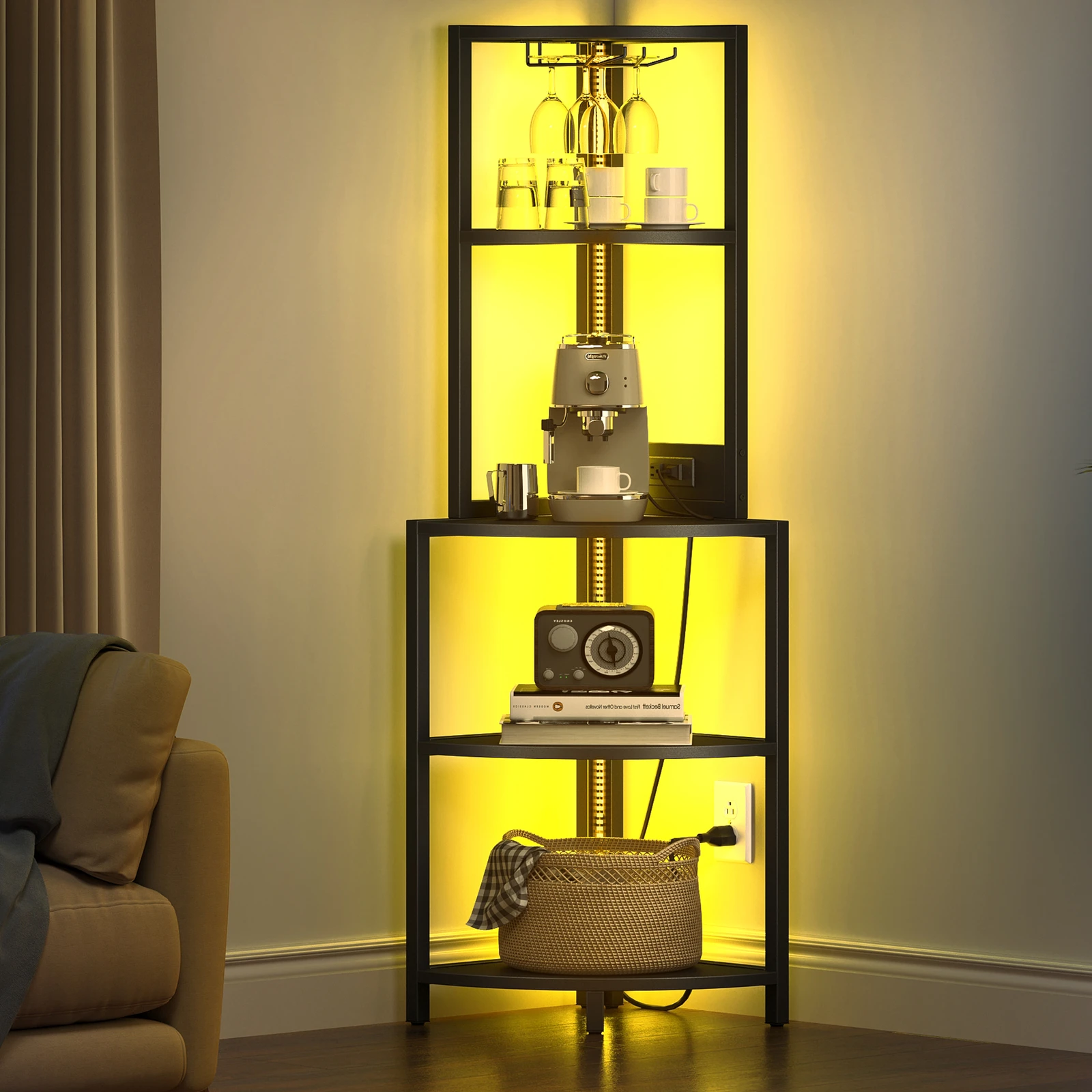

Corner Shelf with Power Outlets & LED Lights Bookshelf Bookcase Display Shelves