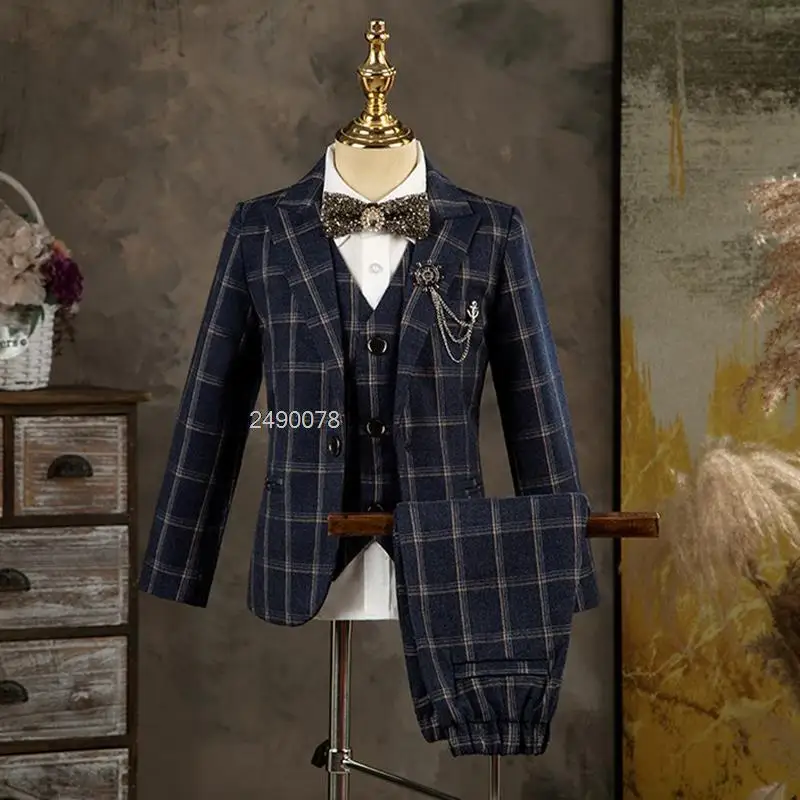 

Kids Jacket Vest Pants 3PCS Photograph Dress Children Formal Wedding Suit Boys Birthday Mariage Performance Celebration Costume