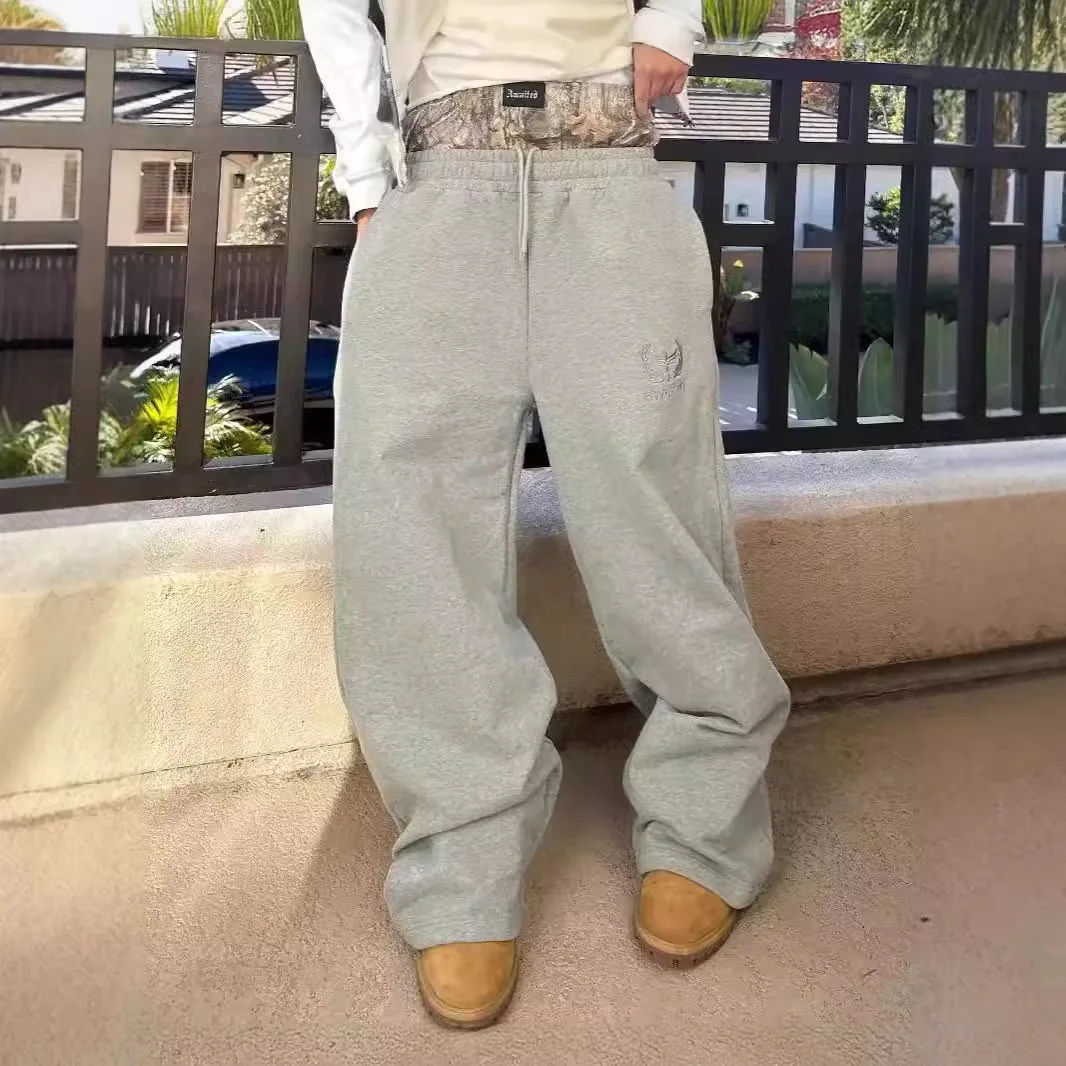 Y2K Men Retro Sweatpants Baggy Wide Leg Embroidered Camouflage Pattern Double Size Unisex Casual Streetwear Trendy Pants