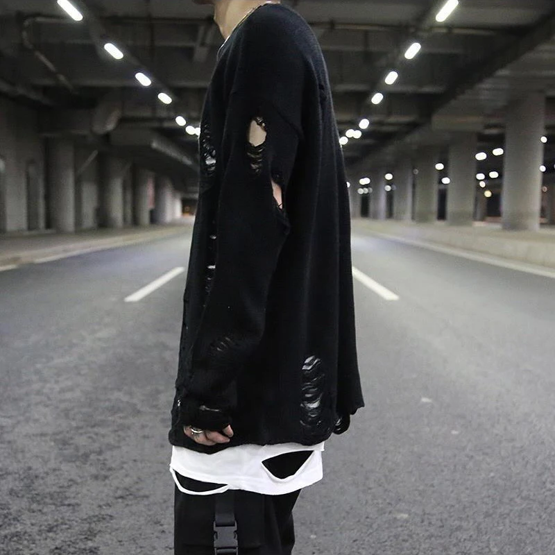 Wash Hole Ripped Knit Sweaters Men Streetwear Hip Hop Black Knitwears Y2k Unisex Harajuku Oversized Women Winter Clothes