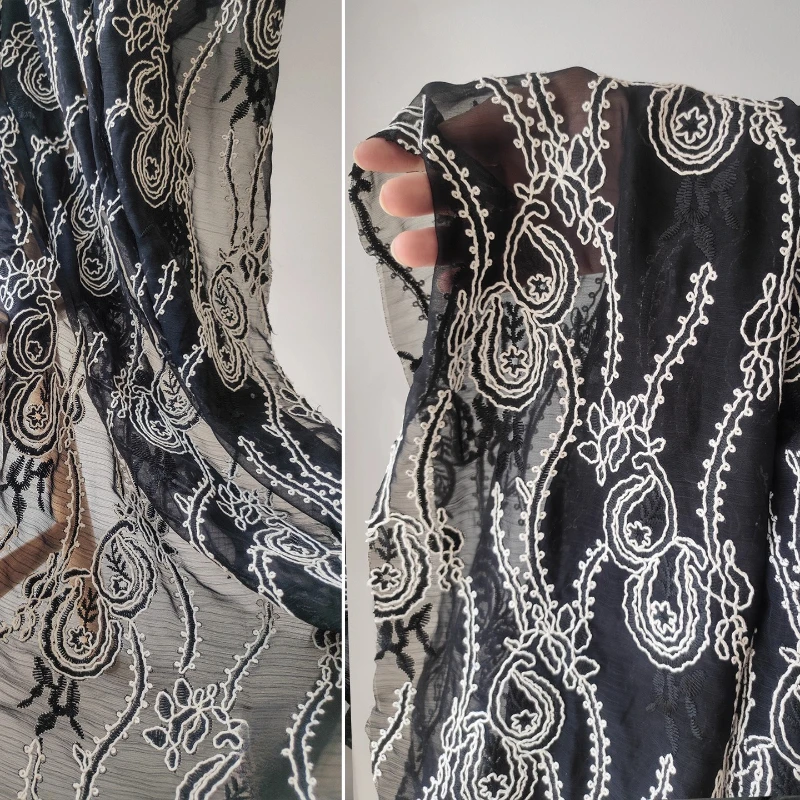 Black Phoenix Tail Cotton Thread Circle Embroidery Mesh Fabric New Chinese Hanfu Translucent Shirt Clothing Designer Fabric