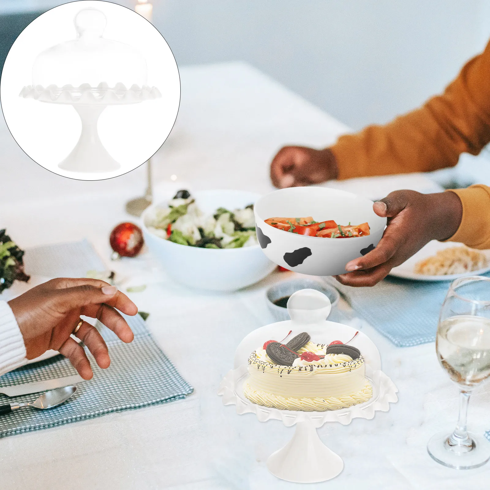 

1Set Dessert Transparent Glass Food Cover Plate with Ceramic Base Cake Display Lid Scratch Resistant Stylish Modern