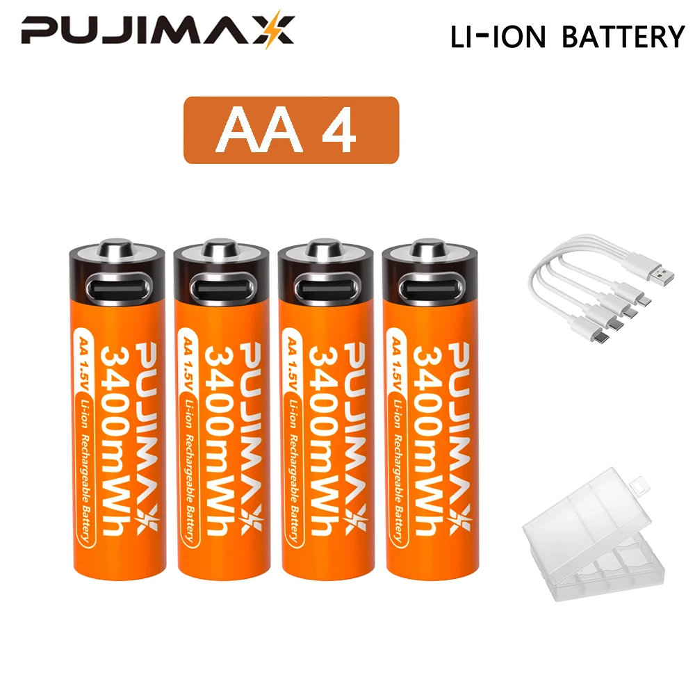 PUJIMAX 1,5 V AA en AAA oplaadbare lithiumbatterij 3400 mWh/1100 mWh, Type-C-poort Opladen worden hergebruikt 1500 keer voor wekkers