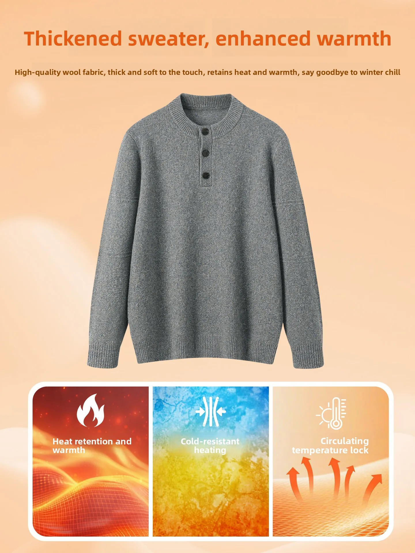 Men's Thickened Half-High Collar Knitted Sweater Fashionable Versatile Woolen Top Buttoned Knitwear for Autumn Winter