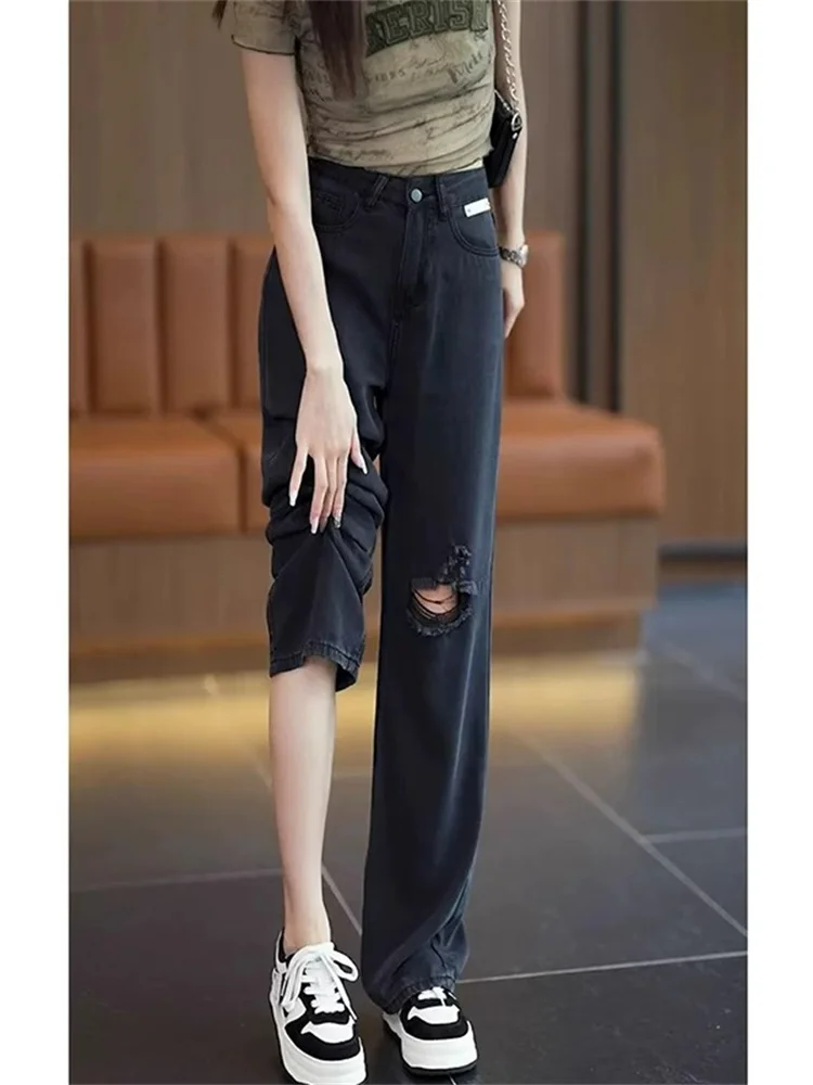 

plus Size Silk Denim Jeans Women Summer Thin Wide Leg High Waist Slimming Straight Cut Torn Casual High Waist Wide Leg Jeans
