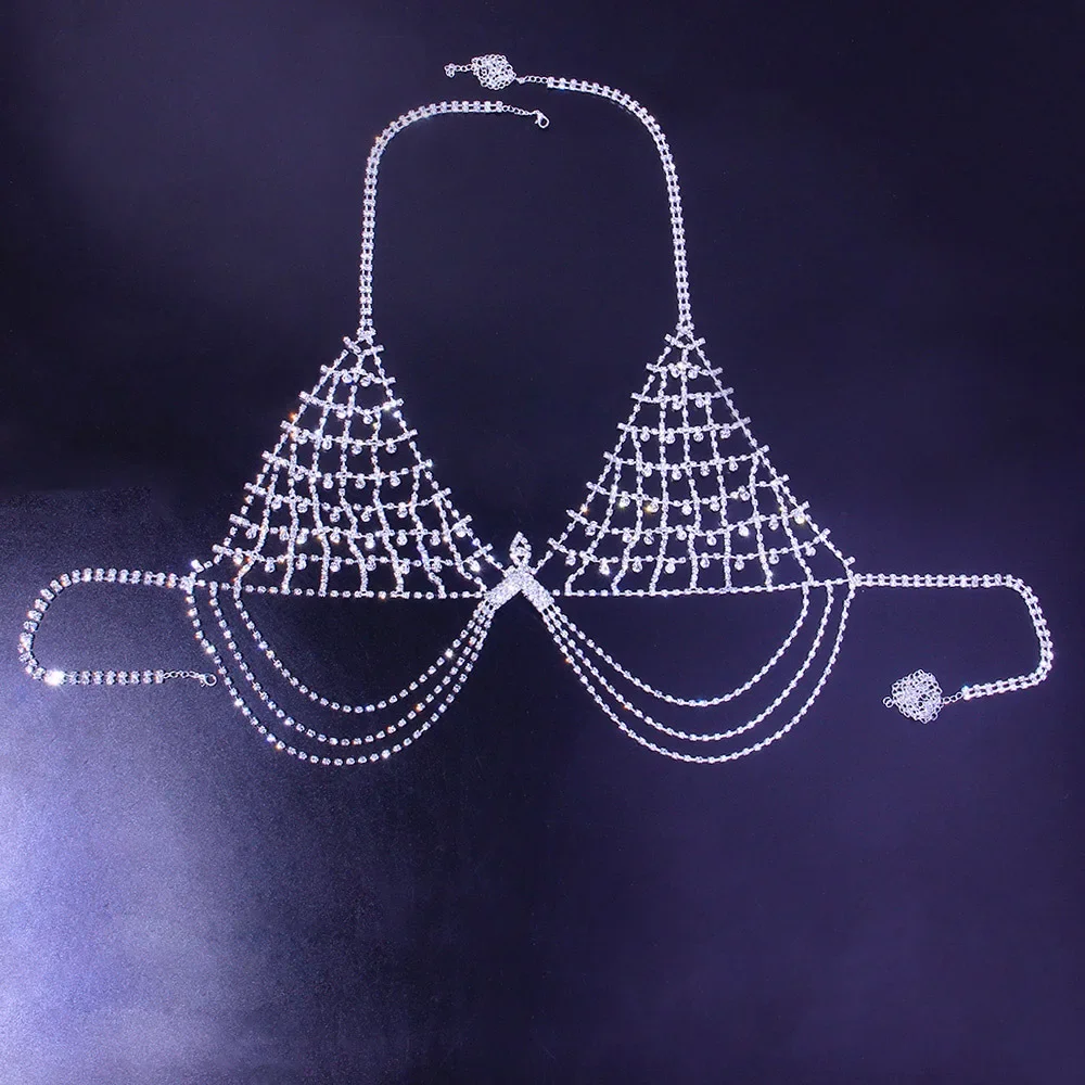 Sexy Nightclub Prom Body Chain Set For Girl Summer Bikini underwear Rhinestone Jewelry Sparkly Tassel Belly Dance Bra Chain