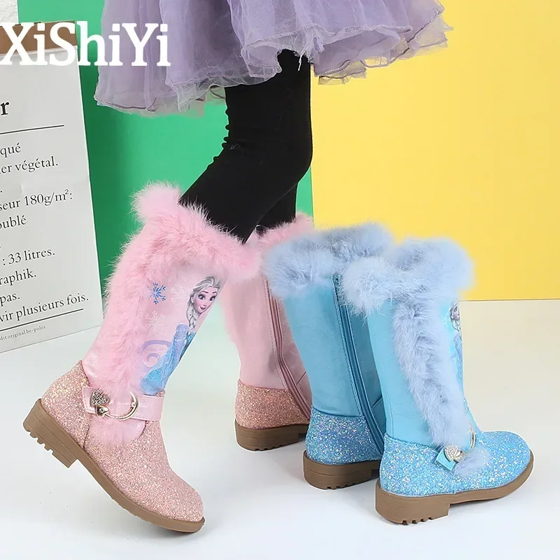 Disney girls autumn and winter high boot wild elsa princess boots long boots plus velvet children's boot