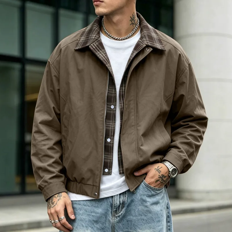Men's American Vintage Cropped Placket Jacket Loose Fit Faux Two-Piece Collared Patchwork Coat Casual Trendy Versatile Outerwear