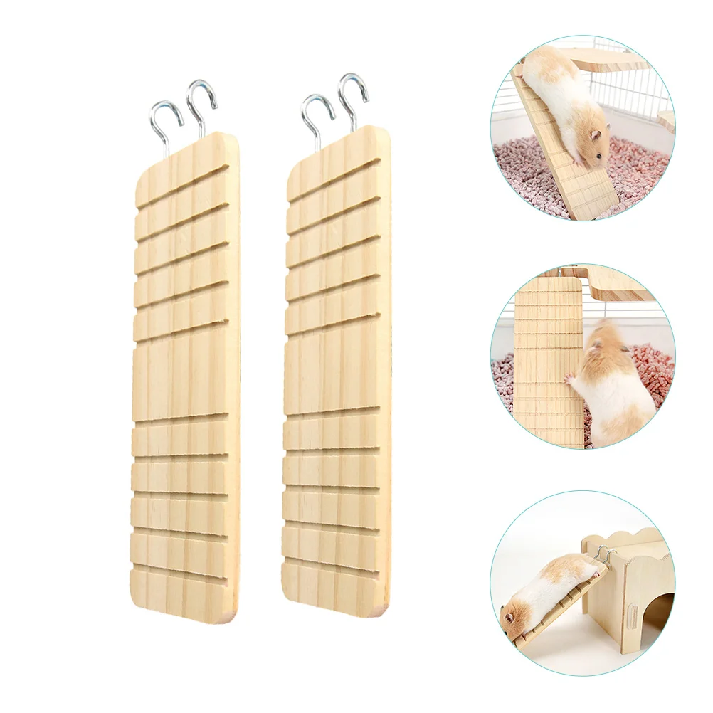 

2pcs Solid Wood Hamster Ladder Natural Climbing Ramp For Small Pets Durable Exercise Ladder Hook Design Cage Accessory