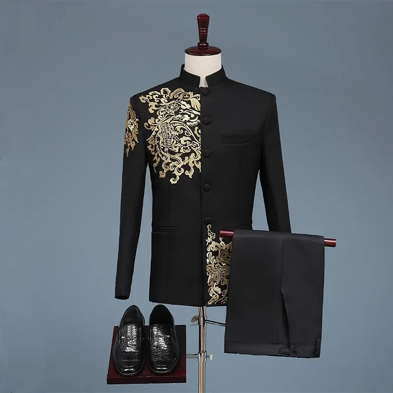 Black White Men\'s Suits Chinese style Gold Embroidery Blazers Prom Host Stage Outfit Male Singer Teams Chorus Wedding DS Costume