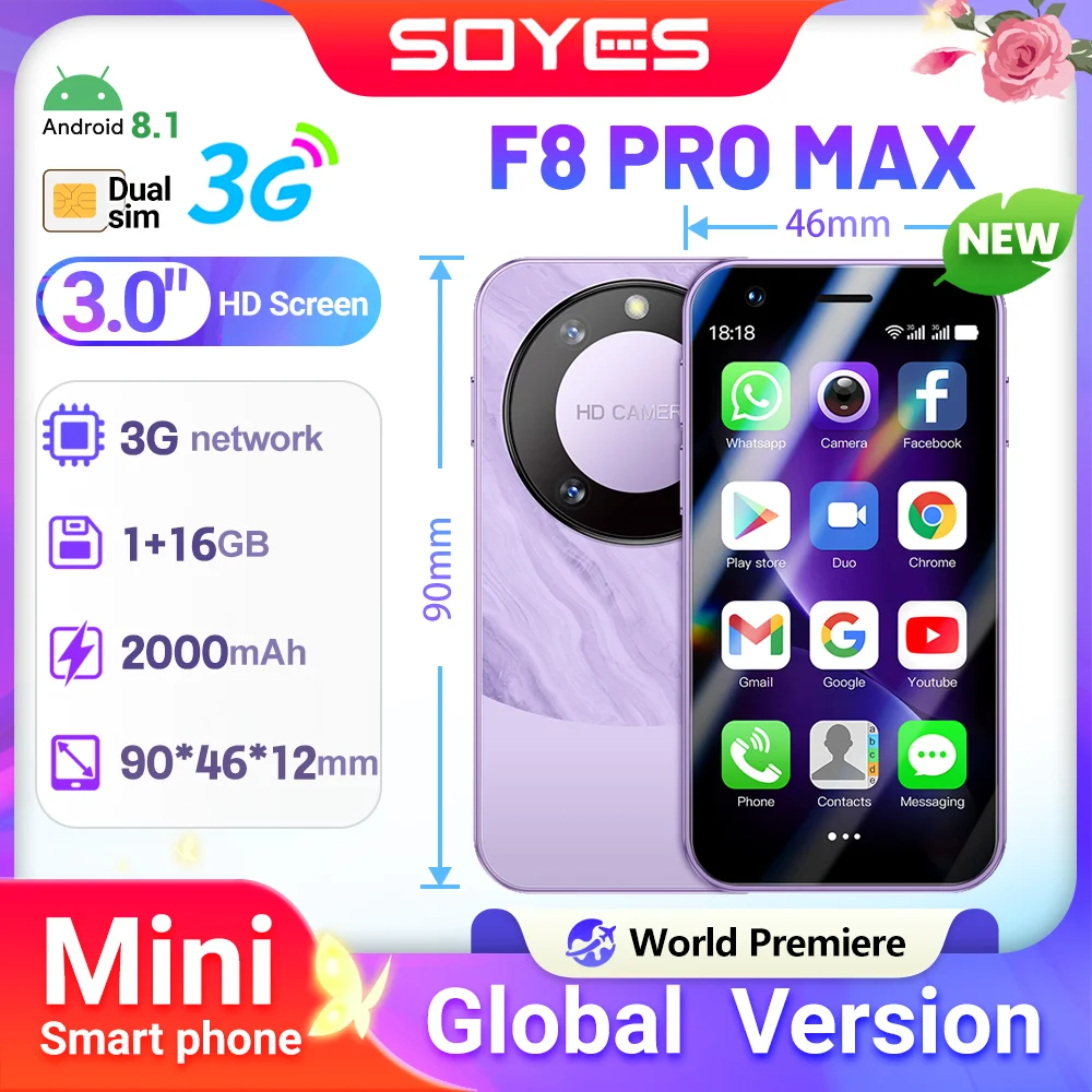 World Premiere SOYES F8 Pro Max Mini Android8.1 Smartphone 3.0 Inches 2000mAh Face ID Dual SIM Standby Play Store 3G